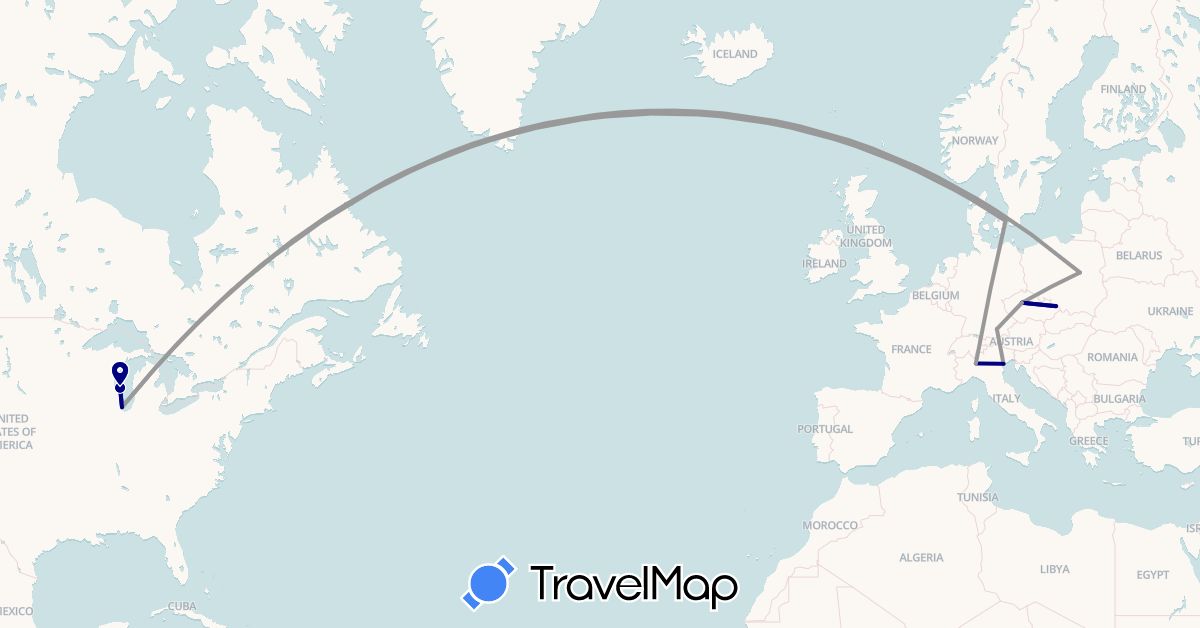 TravelMap itinerary: driving, plane in Czech Republic, Germany, Denmark, Italy, Poland, United States (Europe, North America)